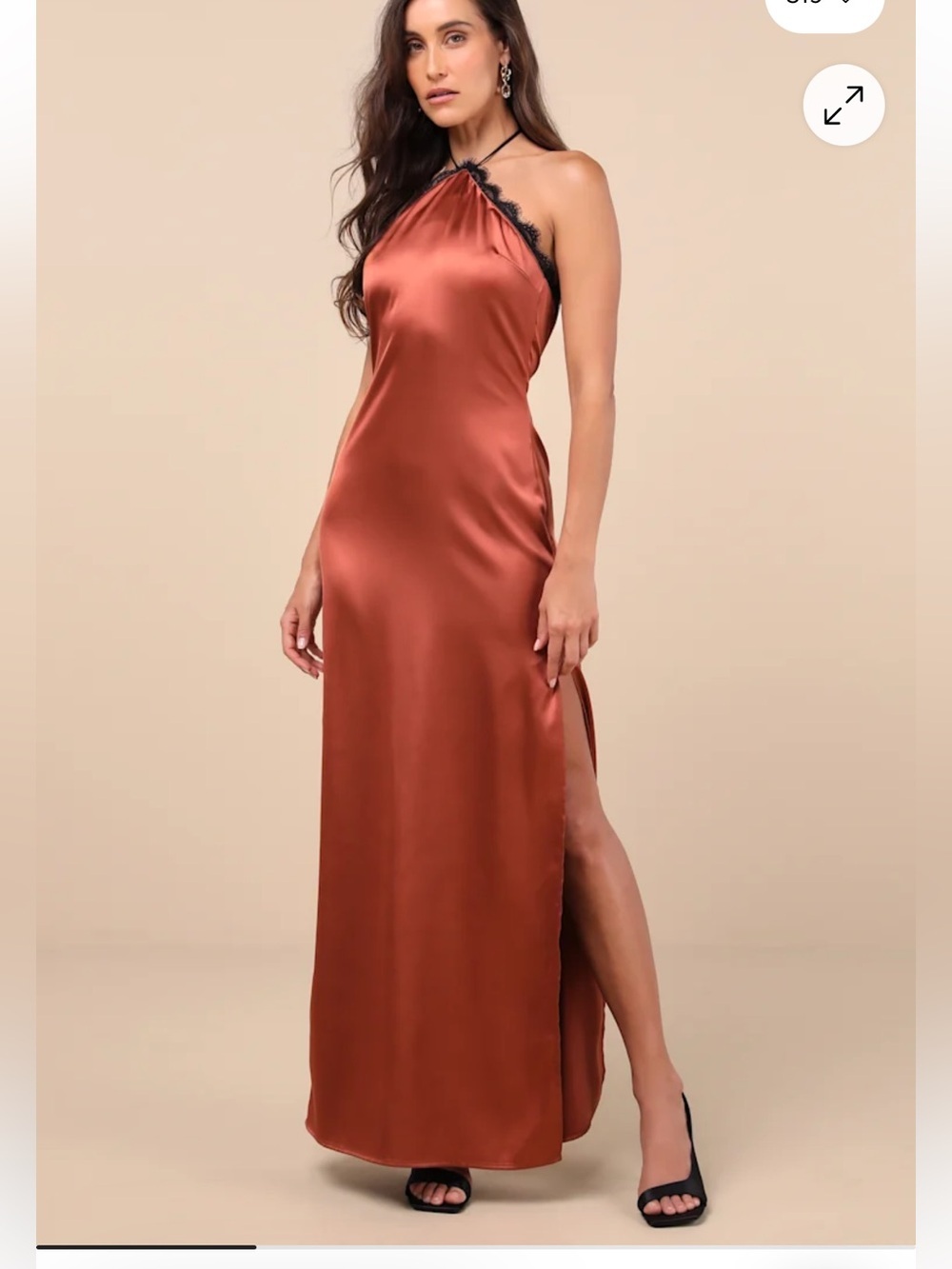 NWT Lulus Mairwen Rust and Black Satin Lace Halter Maxi Dress size L